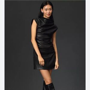 Anthropologie Maya Ruched Cowl-Neck Faux Leather Mini Dress in Black